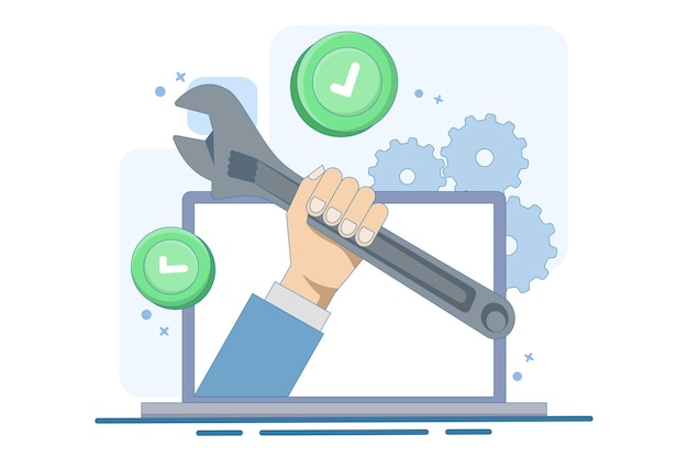 Vektordarstellung über das Konzept der Reparatur und Wartung des Betriebssystems oder der IT-Unterstützung