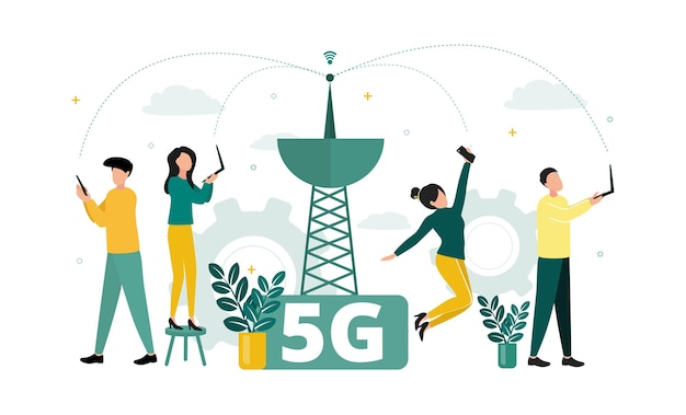 Vektor vektordarstellung von 5g-internet in der nähe des turms fangen frauen und männer mit laptops und smartphones ein netzwerk vor dem hintergrund von getriebewolkenpflanzen ein