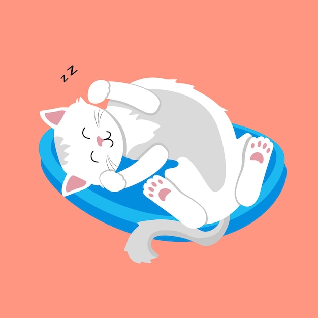 Vektordarstellung weiße katze haustier kätzchen schläft auf kissen katze liegt auf blauer couch cute kitty