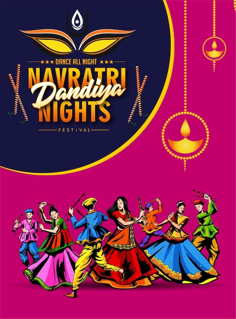 Vektordesign eines indischen Paares, das Garba in der Dandiya-Nacht im Disco-Poster für Navratri Dussehra spielt