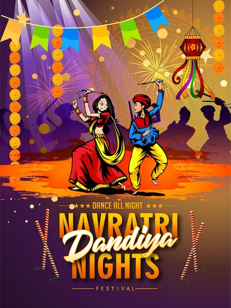 Vektordesign eines indischen Paares, das Garba in der Dandiya-Nacht im Disco-Poster für Navratri Dussehra spielt