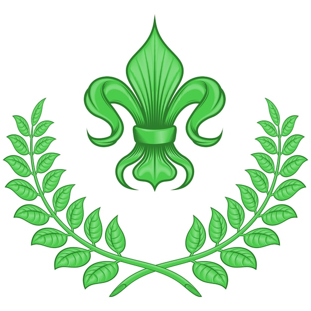 Vektor vektordesign von fleur de lis mit lorbeerkranzsymbol, das in der mittelalterlichen heraldik verwendet wird