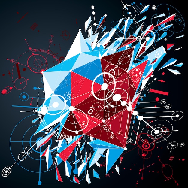Vektordigitaler Technologiehintergrund mit geometrischen Low-Poly-Designelementen und Kreisen. Muster im Retro-Stil der Bauhaus-Kunst kombiniert mit Elementen des mechanischen Schemas zur Verwendung als Booklet-Cover-Temp