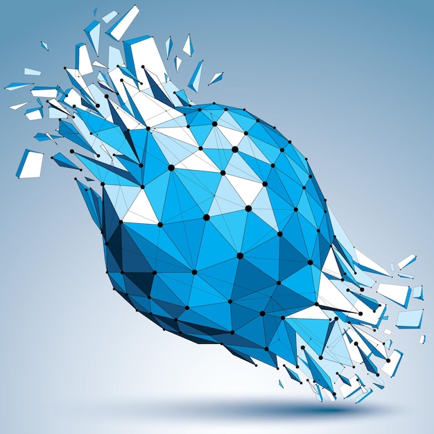 Vektordimensionales blaues Drahtgitterobjekt mit gepunkteten Linien, sphärische zerstörte Form mit Brüchen und Trümmern. 3D-Mesh-Technologieelement in Stücke zerbrochen.