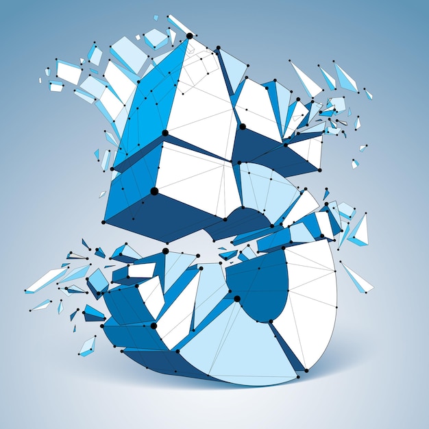 Vektordimensionales Drahtmodell Nummer 5, blaue abgerissene Ziffer mit Brechungen und Trümmern. 3D-Mesh-Technologieelement in Stücke zerbrochen.