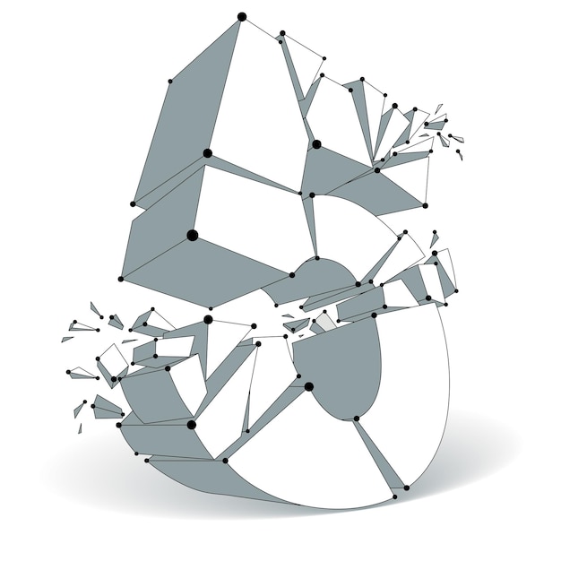 Vektordimensionales Drahtmodell Nummer 5, monochrome abgerissene Ziffer mit Fragmenten. 3D-Mesh-Technologieelement in Stücke zerbrochen.