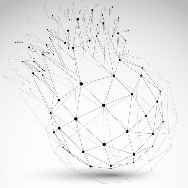 Vektordimensionales Wireframe-Objekt, sphärische zerstörte Form mit Brechungen und Trümmern. 3D-Mesh-Technologieelement in Stücke zerbrochen.