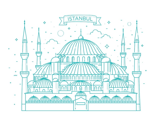 Vektor vektordünne liniensymbole der sultan-ahmed-moschee für reisedesign