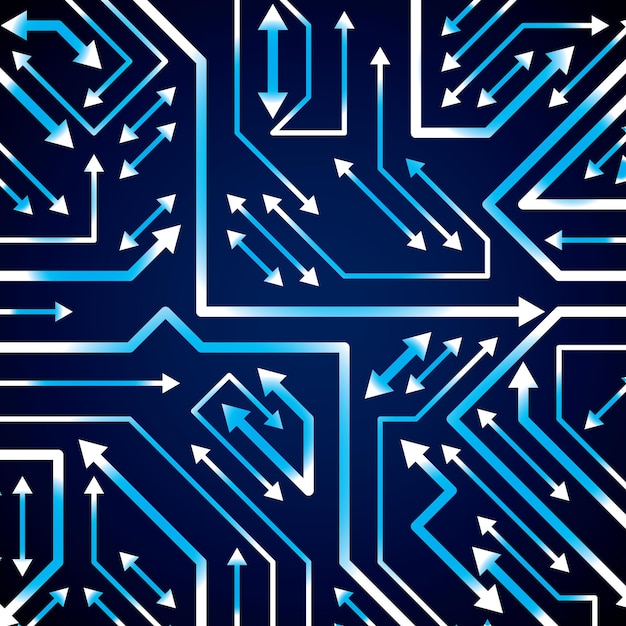 Vektorelektronisches muster mit mikrochip-schema mit multidirektionalen pfeilen, leuchtende leiterplatte, futuristischer high-tech-hintergrund. digitale anschlüsse, flash-effekt.