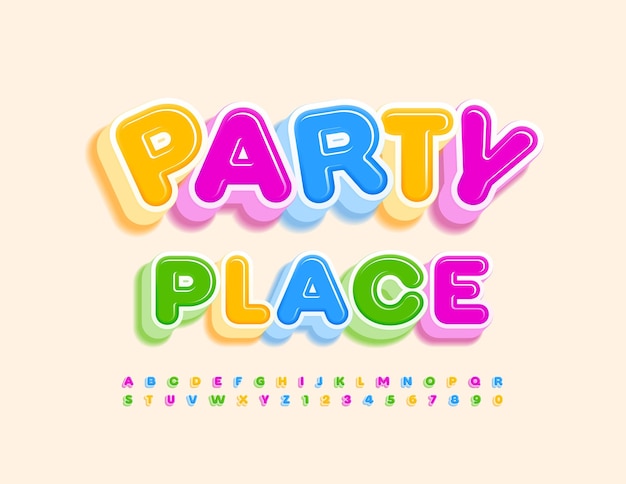 Vektorfarbenes zeichen party place mit niedlicher 3d-schriftart alphabet buchstaben und zahlen im kindlichen stil