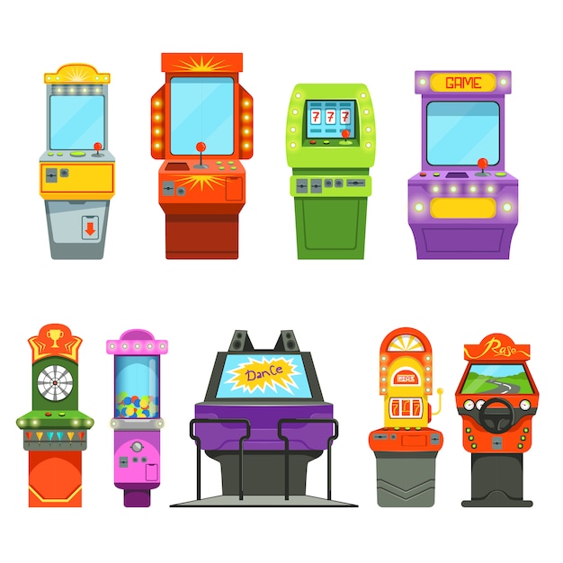 Vektorfarbige abbildungen der spielautomaten. fahrsimulator und verschiedene arcade-spiele im vergnügungspark