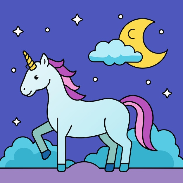 Vektorfarbige Zeichentrickfilm-Illustration der träumigen Einhorn-Silhouette Eine skurrile Szene mit einem niedlichen Einhorn und dem Mond