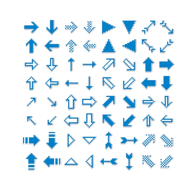 Vektorflache 8-bit-symbole, sammlung einfacher geometrischer pixelsymbole. vereinfachte pfeile, digitale webzeichen.