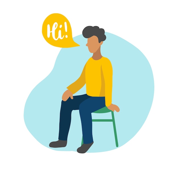 Vektorflache illustration eines sitzenden jungen mit sprechblasen im minimalistischen stil. mann spricht hallo. verwendet für soziale netzwerke, benutzer-app.