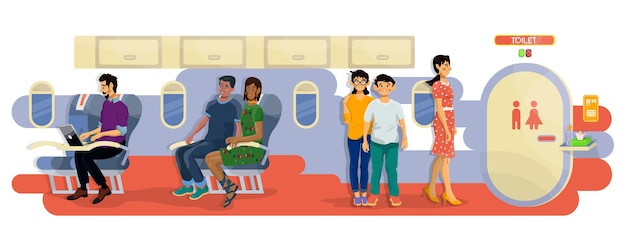 Vektorflache illustration von passagieren in einer kabine eines flugzeugs in einer warteschlange zur toilette während des fluges