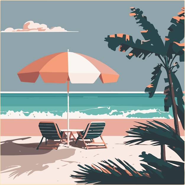 Vektorflacher Illustrationsstrand mit Sonnenschirm und Sitzstuhl, keine Menschen einfach