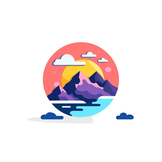 Vektorflaches Symbol einer malerischen Berglandschaft mit Wolken und majestätischen Gipfeln im Hintergrund