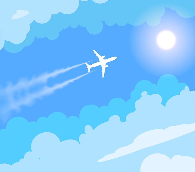 Vektor vektorfliegenflugzeug im sonnigen blauen himmel.