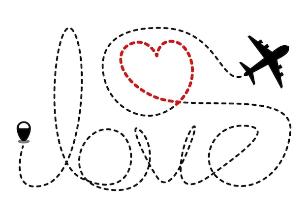 Vektor vektorflugzeug, das mit liebe fliegt, gestrichelte spurlinie, die mit liebe reist, konzeptillustration