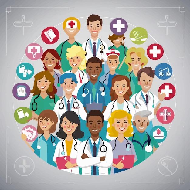 Vektorfreie Gruppe von medizinischem Personal mit gesundheitsbezogenen Ikonen