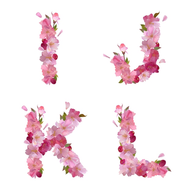 Vektorfrühlingsalphabet mit sanften rosa sakura-blumenbuchstaben ijkl