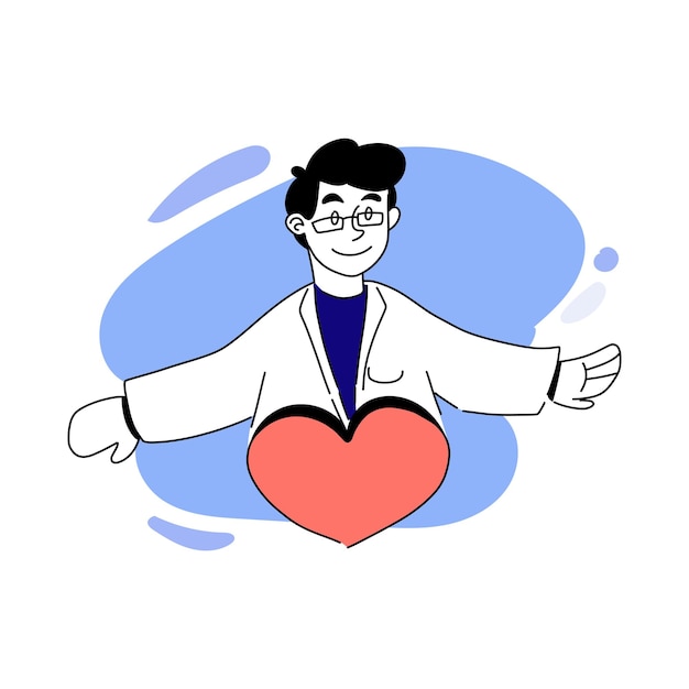 Vektorgezeichnete illustration des kardiologen arzt mit herz trägt eine brille behandeln patienten kardiologie verschreibungspflichtige behandlung krankenhaus erste hilfe gesundheitskonzept blaue und rosa pastellfarben
