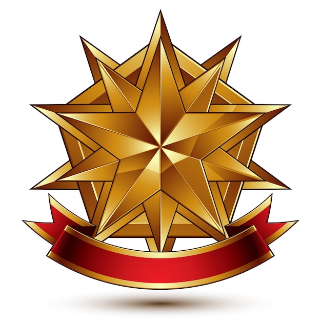 Vektor vektorglorreiches glänzendes designelement, luxuriöser 3d-polygonaler goldener stern auf einem dekorativen wappenschild, konzeptionelles grafisches wappen mit gewelltem rotem band, klares eps 8.