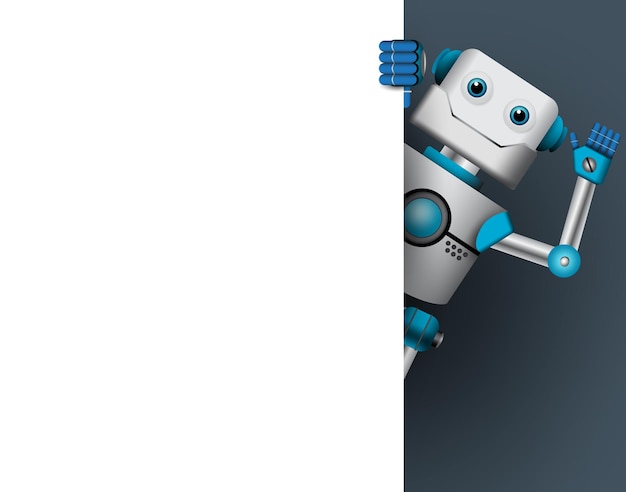 Vektorgrafik des Robotercharakters Robotermaskottchen mit leerer weißer Tafel