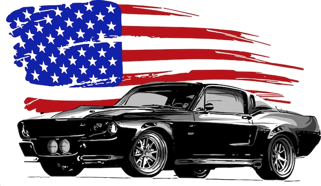 Vektor vektorgrafik-design-illustration eines amerikanischen muscle-cars mit isolierter sternenbanner-flagge auf weiß