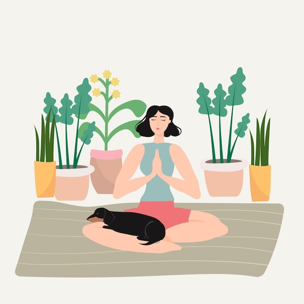 Vektorgrafik einer Frau, die mit ihrem Dackelhund Yoga macht und Spaß mit Ihrem petxA hat