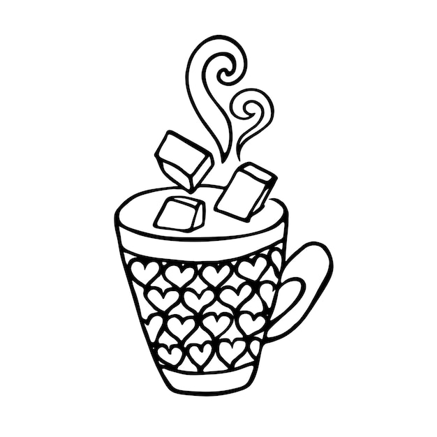 Vektorgrafik einer tasse cappuccino latte mit marshmallows doodle-skizze