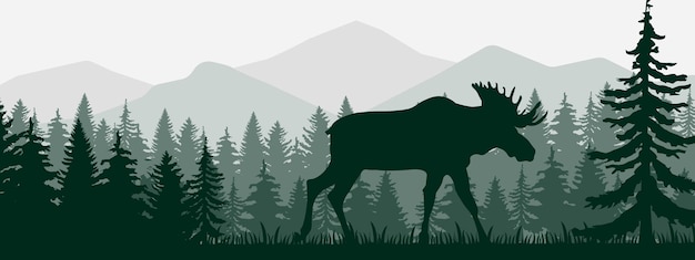 Vektorgrafik eines elchs im wald, der morgens allein in grün zwischen den bäumen spaziert, silhouetten moos eps