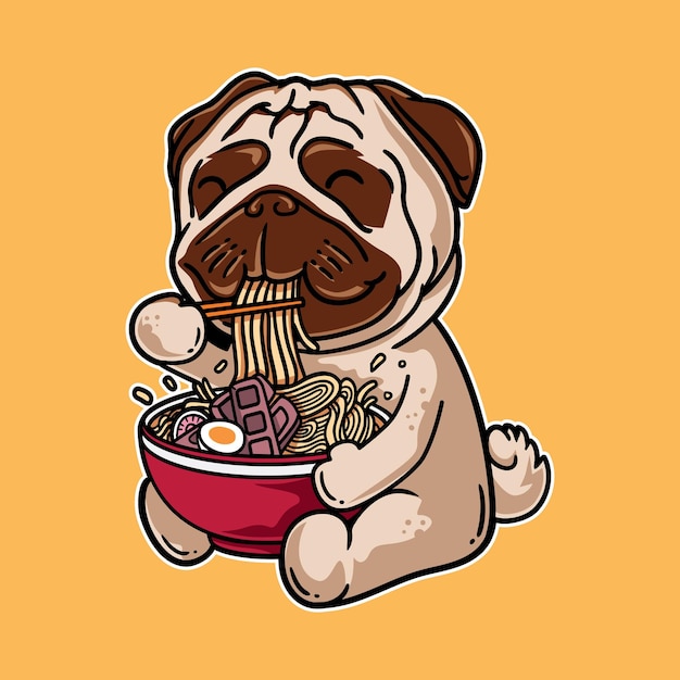 Vektorgrafik illustration der mopshundekarikatur essen ramen-nudeln mit vintage-retro-japanischem stil