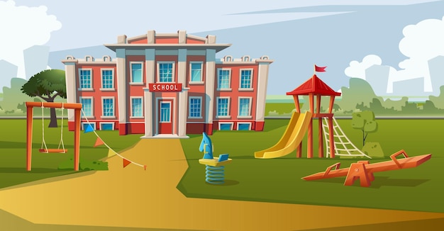 Vektorgrafik im Cartoon-Stil. Schulgebäude mit Kinderspielplatz davor.