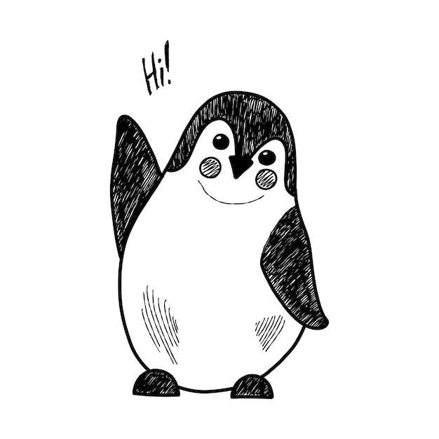Vektorgrafik mit einem süßen, freundlichen pinguin, aufschrift hi, schwarz-weiß-illustration im handgezeichneten stil.