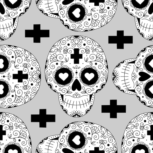 Vektor vektorgrafik nahtloses muster mit ornamenten und blumen mit totenköpfen für den tag der toten sugar skull monochrom