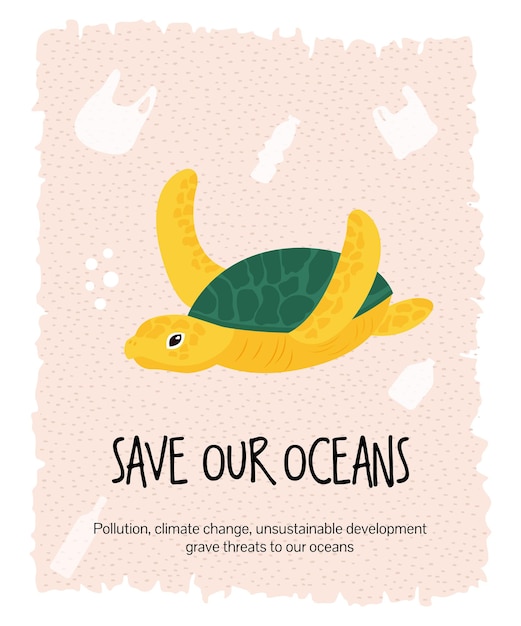 Vektorgrafik-öko-poster mit schildkrötenschwimmen in einem plastikmüll. konzept zum stoppen der plastikverschmutzung