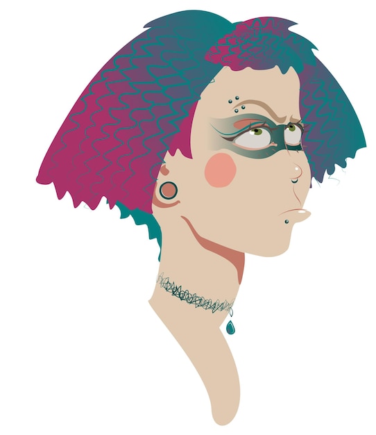Vektorgrafik Punk-Mädchen mit farbigen Haaren und Piercings