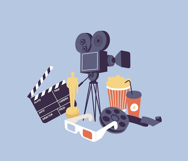 Vektorgrafik von Retro-Kinoartikeln, Kinokarten, Filmklappe, Popcorn-Eimer, Vintage-Rolle und 3D-Brille