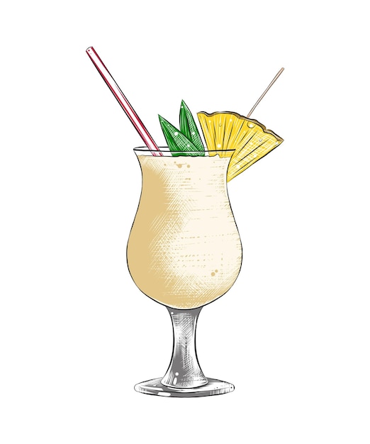 Vektorgravierte illustration von pina colada handgezeichnete bunte skizze des sommercocktails