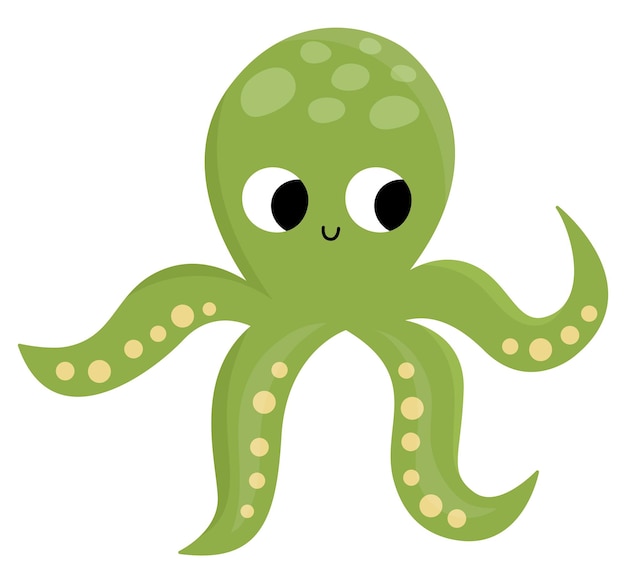 Vektorgrünes oktopus-symbol unter dem meer illustration mit niedlichem lustigem meerestier zeichentrickfilm unter wasser oder meeres-clipart für kinder isoliert auf weißem hintergrundxa