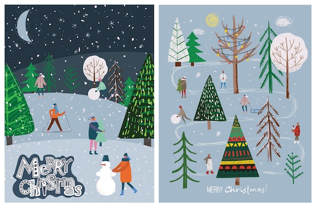 Vektorhandzeichnung trendige abstrakte Illustration von Weihnachtskarten von Frohe Weihnachten und ein glückliches neues Jahr 2022 mit Weihnachtsbaum, Winterwald, gemütlichem Haus, Menschen und Schriftzug.