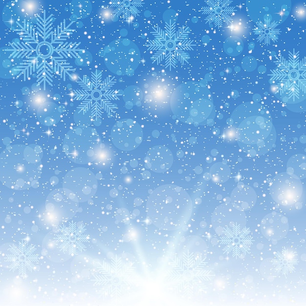 Vektorhintergrund im winterstil für weihnachten und neujahr mit sternen, schneeflocken und bokeh-effekt