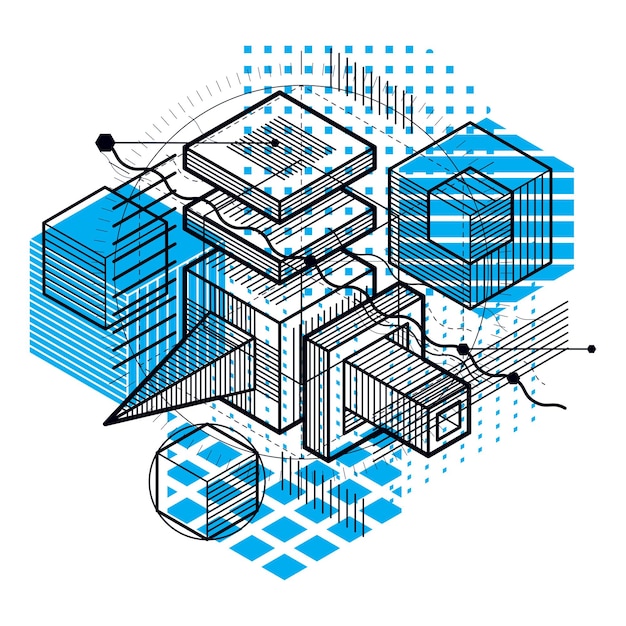 Vektorhintergrund mit abstrakten isometrischen linien und figuren. vorlage aus würfeln, sechsecken, quadraten, rechtecken und verschiedenen abstrakten elementen.