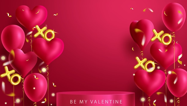 Vektorhintergrunddesign des valentinsgrußes. valentinsballons und podiumselemente für den happy hearts day.