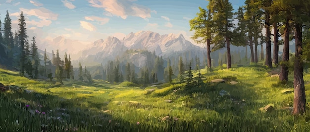 Vektorhorizontale landschaft mit nebelwald berge morgensonnenschein illustration panoramablick