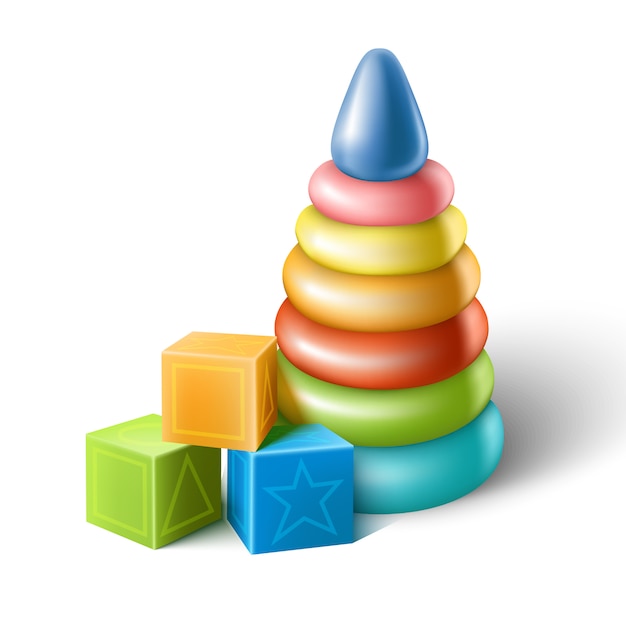 Vektorikonensatz Babyplastikspielwaren, Würfel und bunte Pyramide.