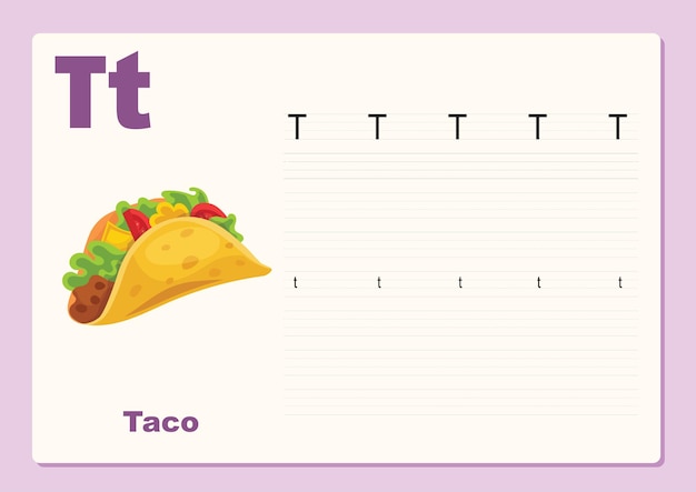 Vektorillustration alphabet buchstabe t taco-übung mit zeichentrickwortschatz arbeitsblatt bearbeitbar te