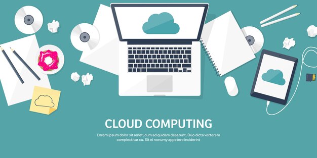 Vektorillustration-Arbeitsplatztisch mit Dokumenten, Computer-Flach-Cloud-Computing-Hintergrundmedien