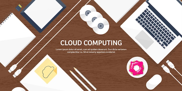 Vektorillustration-Arbeitsplatztisch mit Dokumenten, Computer-Flach-Cloud-Computing-Hintergrundmedien